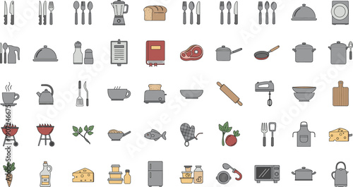 Kitchen Cooking Icon Set with Utensils Cookware Appliances Food Ingredients and Restaurant Tools in Flat Vector Style