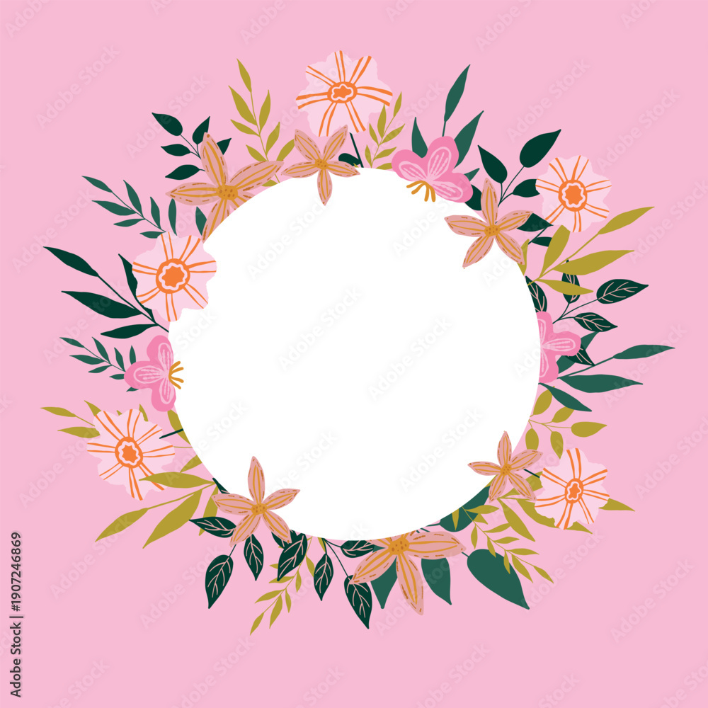 Fototapeta premium Floral frame with flowers. Square vector illustration with a wreath of hand-drawn flowers, twigs and leaves posted on a pink background.