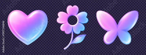 Set of 3d glass y2k icon elements with holographic hologram style showing heart, flower and butterfly in soft pink blue tones and smooth reflections. Ideal for gentle 3d y2k icon visuals.