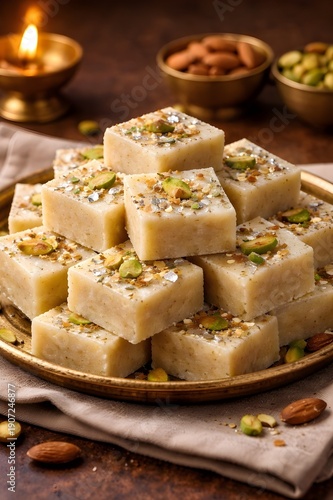Traditional Indian Barfi Sweets Garnished with Pistachio and Almonds