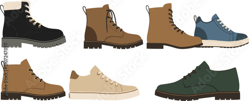 Men Footwear Illustration Set with Leather Boots Casual Shoes and Sneakers for Fashion Ecommerce Product Displays and Clean Vector Designs