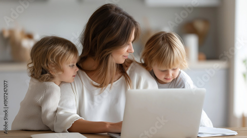 Wallpaper Mural Faceless woman working from home with kids at laptop desk, family home office, remote work balance lifestyle, business multitasking, defocused interior, with copy space Torontodigital.ca