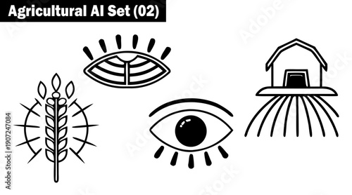 Agricultural artificial intelligence set with vision sensors and farm building icons designed for smart monitoring systems and automated barn management in modern agrotech work vector illustration.