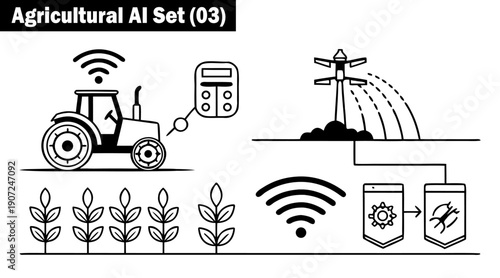 Agricultural artificial intelligence set showing autonomous tractor operation with wireless connectivity and advanced plant monitoring sensors for smart irrigation and crop health vector illustration.