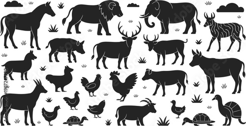 Wild and farm animal silhouettes collection, wildlife and livestock icons set, rural nature animals illustration isolated on white background