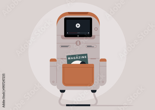 An inviting display of an airplane seat showcases modern comforts and technology, perfect for enhancing travel experiences with screens and pockets for magazines and accessories