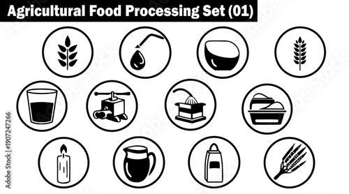 Agricultural food processing set 01, featuring various line icons depicting wheat, oil dropper, bowl, glass of water, grinder, juicer, and candle vector illustration.