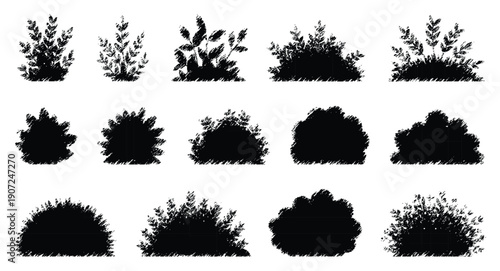 various black silhouettes depicting different shrub and bush shapes high-quality professional detailed modern elegant landscape design set icons