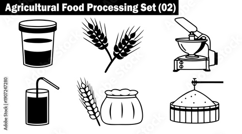 Agricultural food processing set of black and white icons featuring wheat stalks grain sacks farm equipment and liquid containers for harvesting industry and production concepts vector illustration.