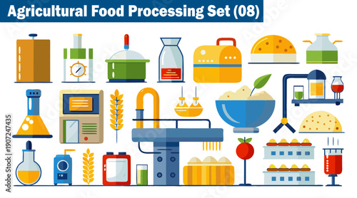 Agricultural food processing set showcasing various stages of food production including cooking, mixing, packaging, and quality control stations vector illustration.