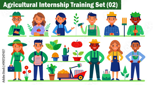 Agricultural internship training set showcasing various aspects of farm work, including planting, harvesting, and pest control techniques vector illustration.