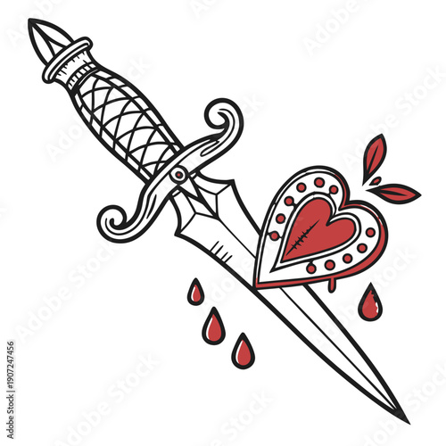 Dagger Piercing Heart – Traditional Tattoo Art Style, Bleeding Heart Illustration, Valentines Day Broken Heart Concept, Gothic Love Vector, Edgy Romantic Symbol, Dark Aesthetic, Graphic Design Element