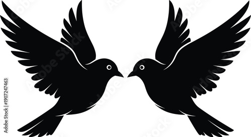 Pair of bird silhouette icons facing each other symmetrically with spread wings, rounded bodies, and feather detail design