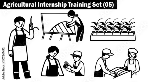 Agricultural internship training set with farmers working on farm tasks and inspecting crops in black and white line art illustrations.