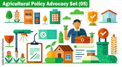 Agricultural policy advocacy set with farm management, food security, and sustainable rural development, featuring colorful icons and worker figures in a vector illustration.