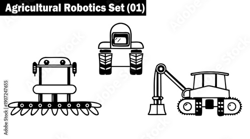 Agricultural robotics set with black line icons for modern farm automation featuring robotic harvesters smart machinery and autonomous tractors for futuristic farming solutions vector illustration.