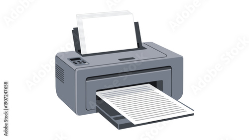 Modern office printer with paper tray and printed documents, essential device for business paperwork and digital output tasks.