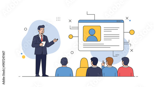 Professional businessman delivering a presentation to a seated audience, using a large screen displaying profile information.