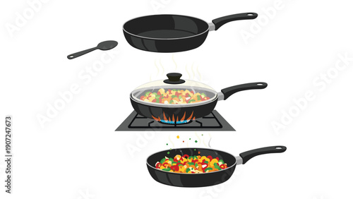 Sequential stages of cooking vegetables in a frying pan on a gas stove, showing prep, heating, and finished meal preparation.