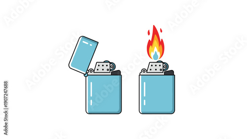Classic metal flip-top lighters shown in open and lit states, featuring a vibrant flame against a clean white background.