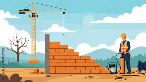 Construction worker building a brick wall at a site with a tall crane and distant mountains under a cloudy blue sky.