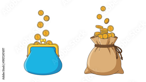 Blue coin purse and a brown burlap sack with gold coins falling into them, representing savings, wealth, and money management.