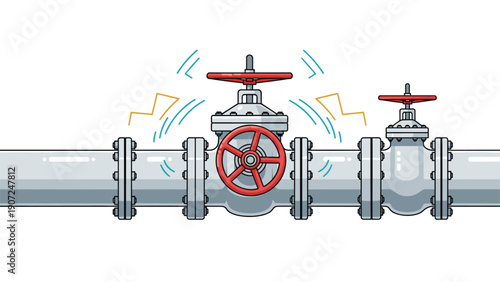 Large industrial metal pipes with red valves vibrating or leaking indicating high pressure or system failure against white background.