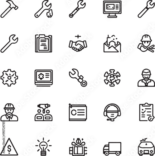 Set of outline icons related to repair, maintenance, construction. Linear icon collection. Editable stroke. Vector illustration
