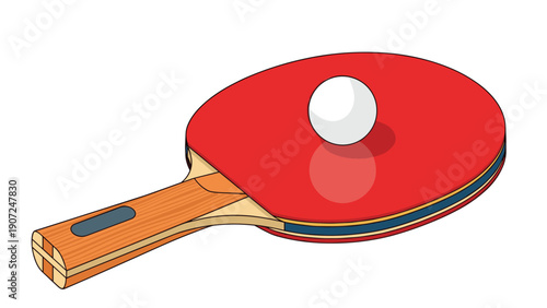 Professional red table tennis racket with a white ping pong ball resting on its surface, isolated on a clean white background.