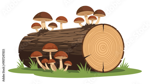 Detailed illustration of a decaying wooden log in a forest setting with several brown mushrooms growing on top and in the green grass.