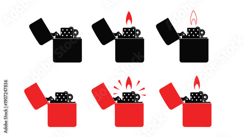 Collection of flat style icons representing flip-top metal lighters in black and red colors, showing open and burning states.