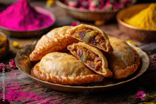 Holi festival special sweet dish Gujiya with rose petals