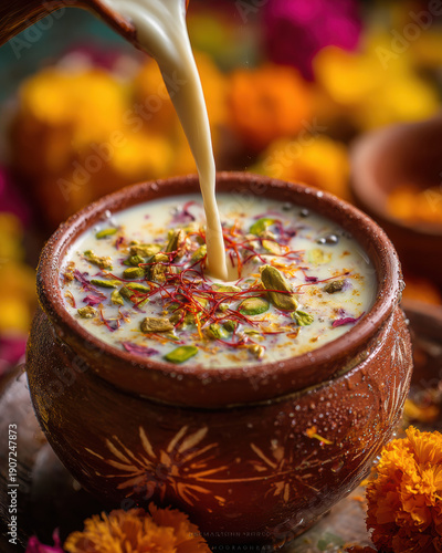 Traditional Thandai drink in clay cup with saffron and nuts