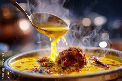 Pouring hot tadka tempering over Kadhi Pakora curry close up
