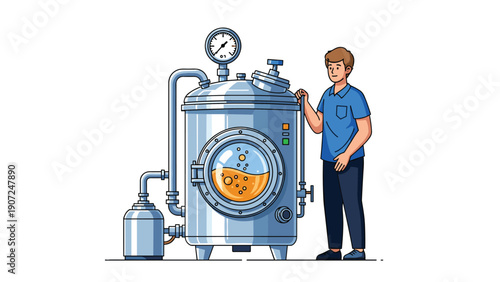Industrial brewing scene showing a worker in a blue shirt standing next to a large stainless steel beer fermentation tank.