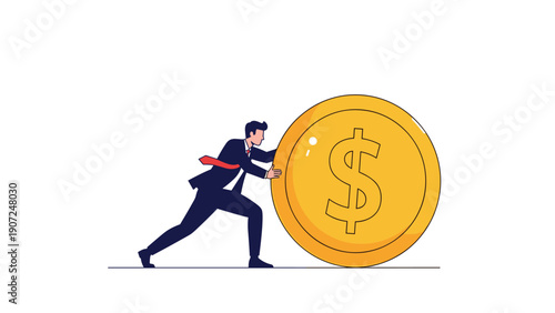 Businessman in a suit pushing a massive golden dollar coin, representing effort, financial investment, or economic challenge.