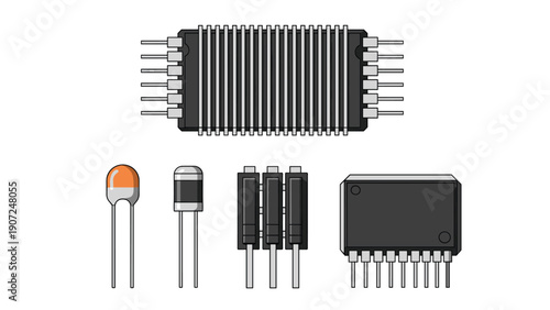 Collection of various electronic components including microchips, diodes, an LED, and integrated circuits for circuit assembly.