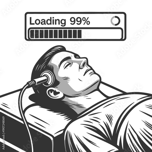 man lying down with a cable connected to his head, under a digital loading bar at 99 percent sketch engraving generative ai fictional character vector illustration. Scratch board. Black and white.