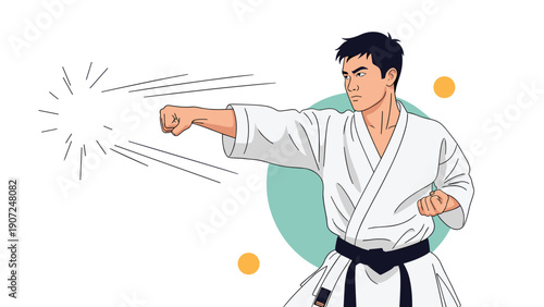 Martial arts illustration of a man wearing a white karate gi and black belt performing a powerful forward punch with focus.