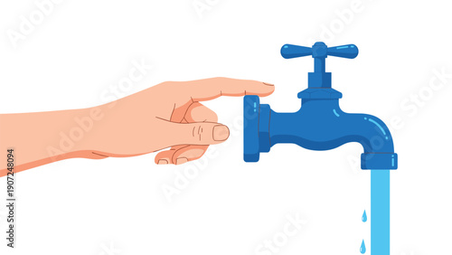 Close-up illustration of a human hand reaching out to adjust a blue outdoor water faucet while a stream of water flows out.