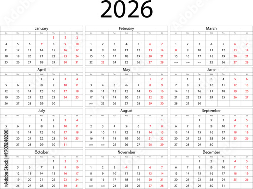 Minimalist June 2026 calendar layout with bold black typography, red weekend highlights and spacious grid on pure white background