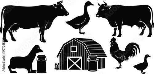 Farm silhouette set with barn, cows, sheep, goose, duck, rooster, and milk cans representing rural agricultural lifestyle