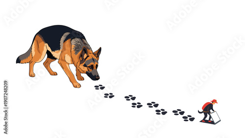 Focused German Shepherd dog following a trail of dark footprints across the ground, representing tracking or investigation.