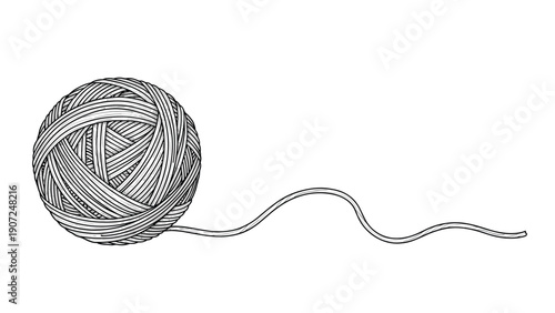 Simple black and white line art illustration of a round ball of yarn with a loose thread ending, ideal for craft and hobby themes.