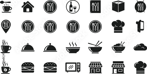 Restaurant and food service icons set featuring dining symbols, kitchen tools, chef hat, dishes, cafe drinks, takeaway food, and hospitality elements in solid black vector style