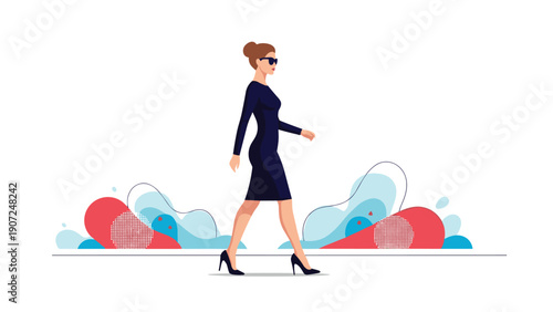 Modern graphic illustration of a woman wearing a dark blue dress and sunglasses walking confidently through an abstract space.