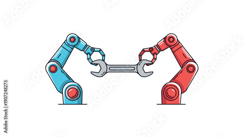 Collaborative robotics concept showing a blue and a red mechanical robot arm working together to hold a large metal wrench tool.
