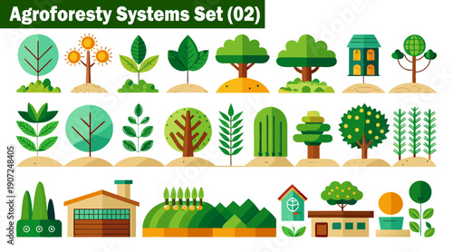 Sustainable agriculture graphics including fruit trees and farmhouse icons for agroforestry system design planning on grid background for environmental conservation projects vector illustration.