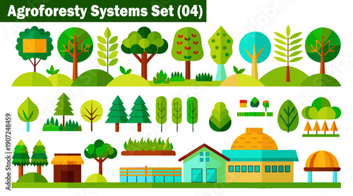 Rural development vector elements with hilly landscapes and various tree types for agroforestry mapping and sustainable farming infographics on transparent grid background pack vector illustration.