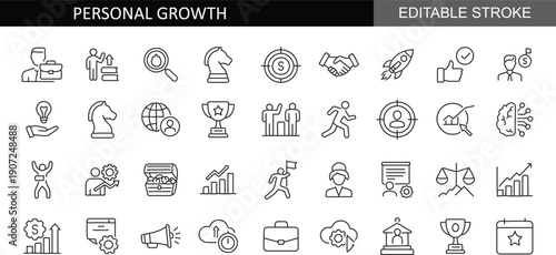 Personal Growth and Self Improvement Editable Stroke Icon Set – Line Vector Collection of Motivation, Career Development, Success, Goal Setting, Productivity, Mindset, Coaching, and Life Skills Symbol